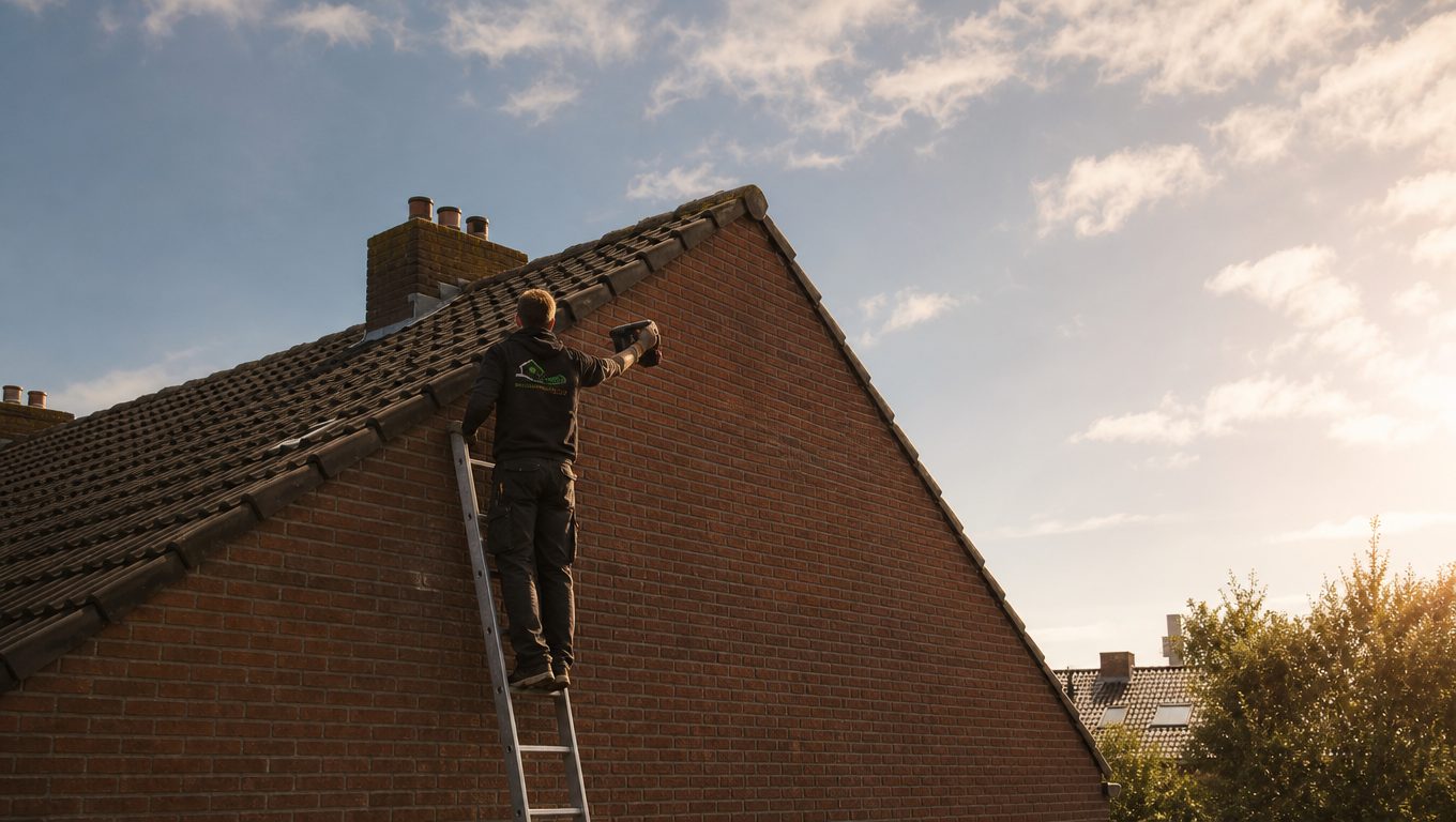 Monteur van Aanhuis Isolatie op een ladder bij een dak