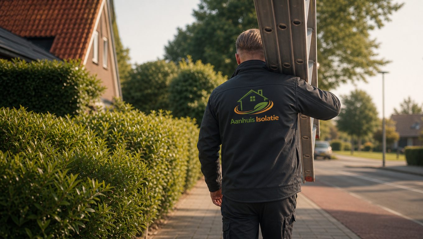 Monteur van Aanhuis Isolatie loopt met een ladder door de wijk