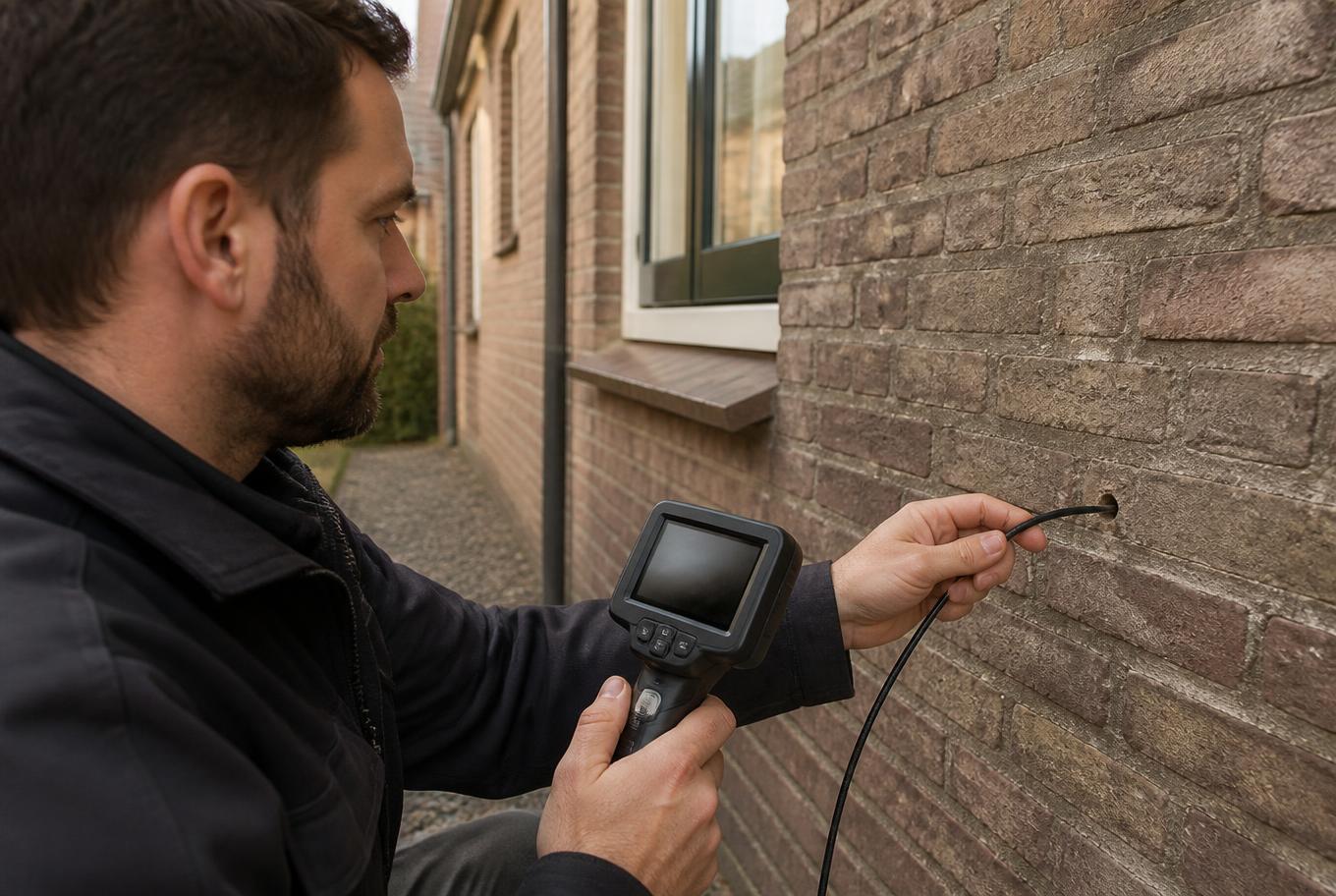 Monteur onderzoekt de spouwmuur met een endoscoopcamera