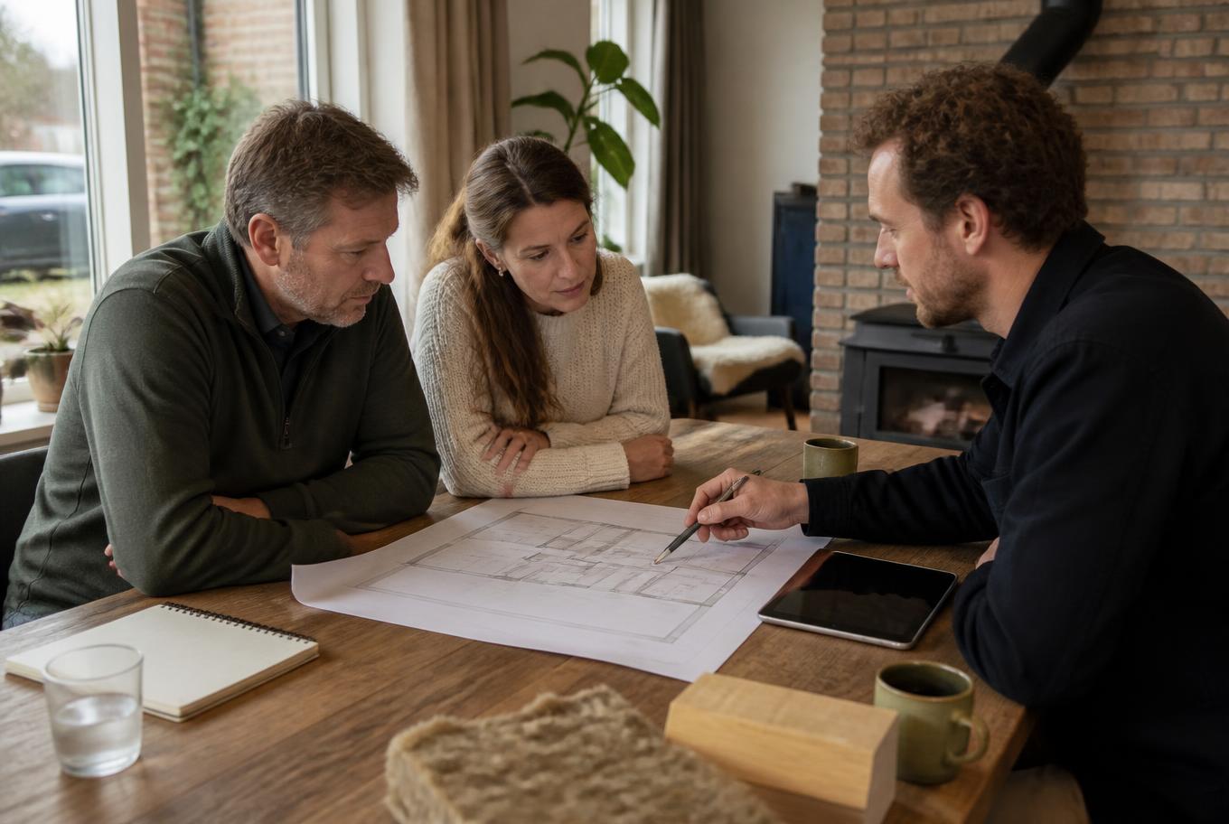 Adviseur bespreekt de plattegrond van de woning met de bewoners