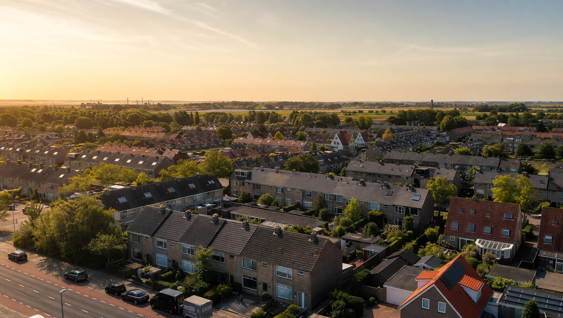 Luchtfoto bij zonsondergang van een Nederlandse woonwijk met rijen eengezinswoningen met schuine pannendaken — woningen die Aanhuis Isolatie isoleert