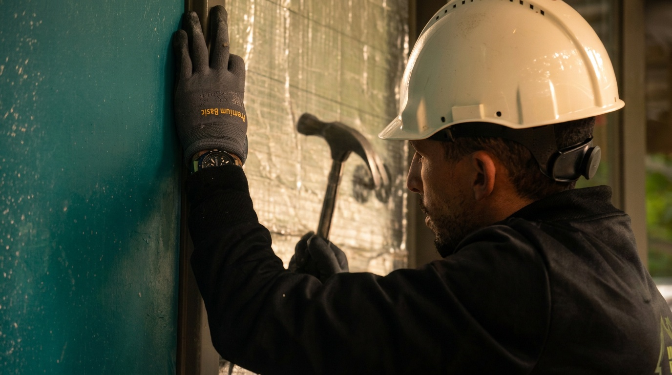 Monteur met veiligheidshelm bevestigt isolatiemateriaal langs een kozijn