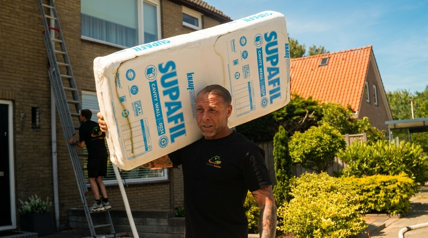 Monteur draagt een baal Supafil spouwwol naar de woning