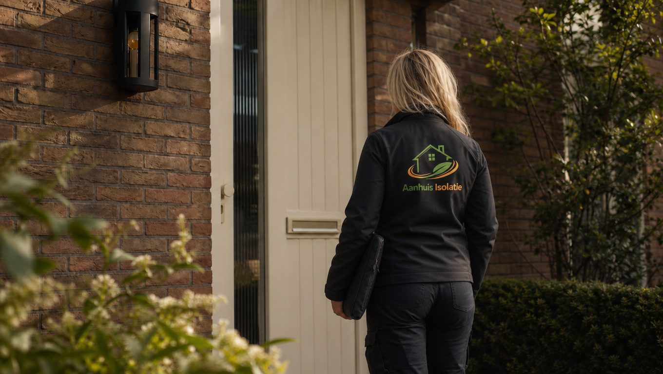 Monteur van Aanhuis Isolatie loopt met gereedschap naar de voordeur van een woning