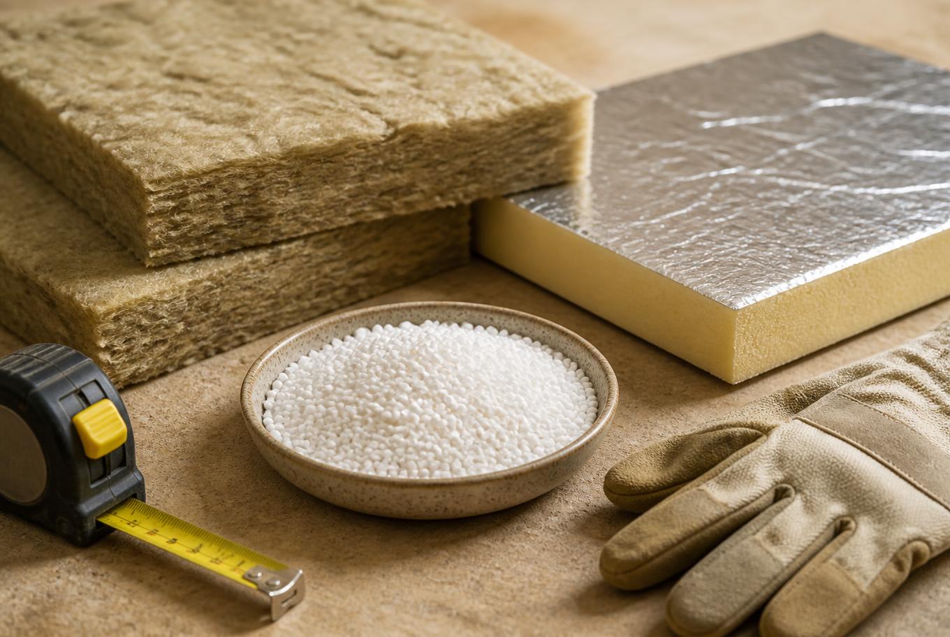 Minerale wol, EPS-parels en PIR-plaat naast elkaar op een werkbank